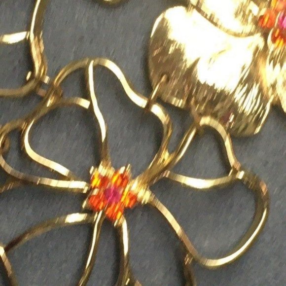 Flowers Bib Statement Necklace Orange Rhinestone Gold Chain Wire Detailed Retro - Picture 4 of 9